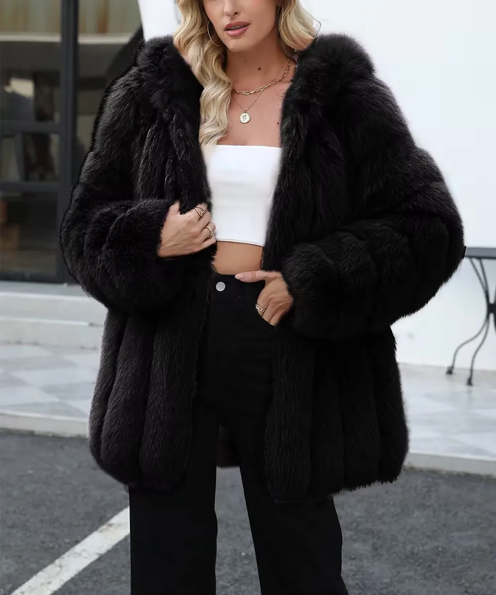Faux Fox Fur Coat Women Solid Fur Jacket Long Sleeve Turn Down Collar Open Stitch Thick Warm Fur Loose Casual 2026 Autumn Winter