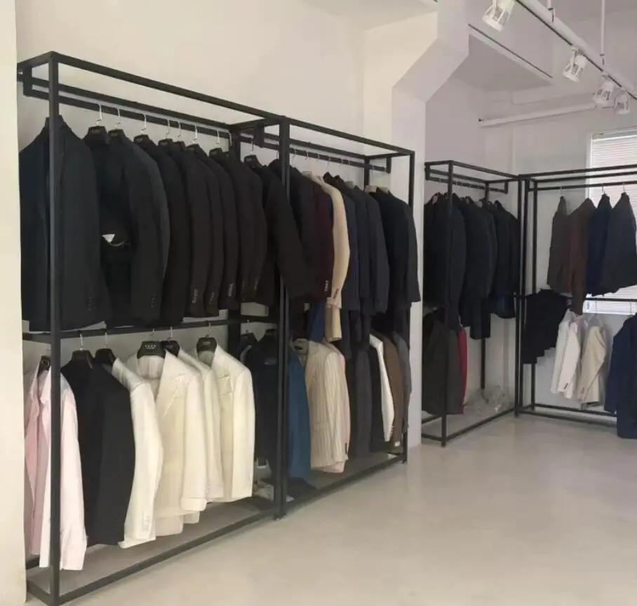 

Clothing store display rack, floor standing clothes hanger, wedding dress store suit double layered rack