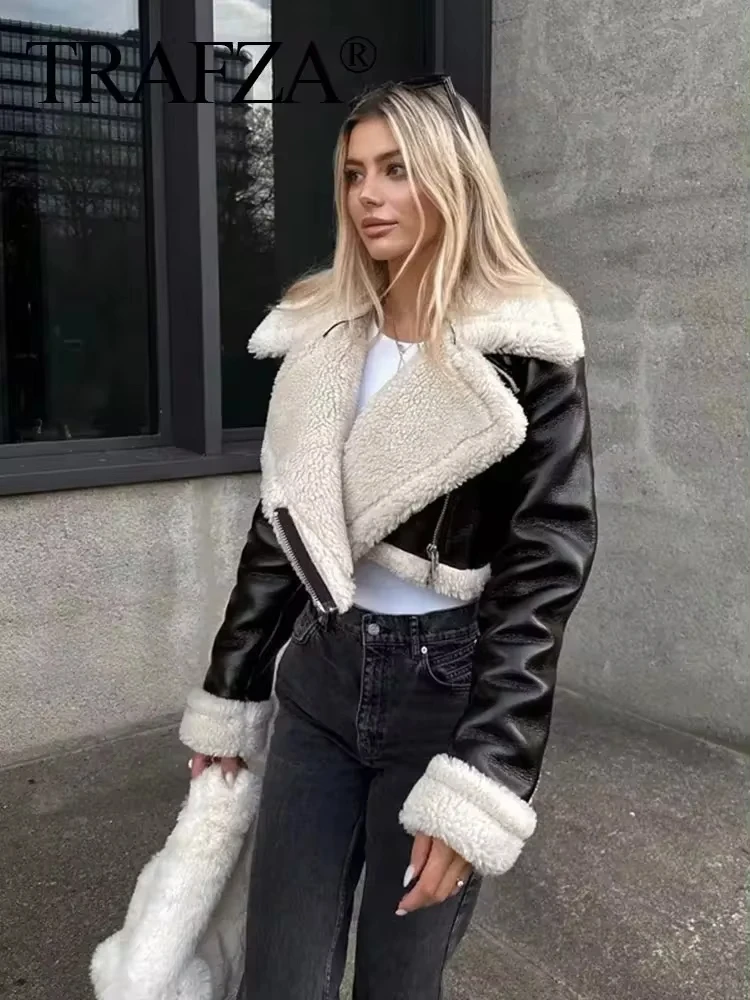 TRAFZA Female Winter Fashion Thick Warm Cropped Coat Long Sleeves Faux Shearling Lapel V-Neck Zipper Chic Tops Retro Jackets