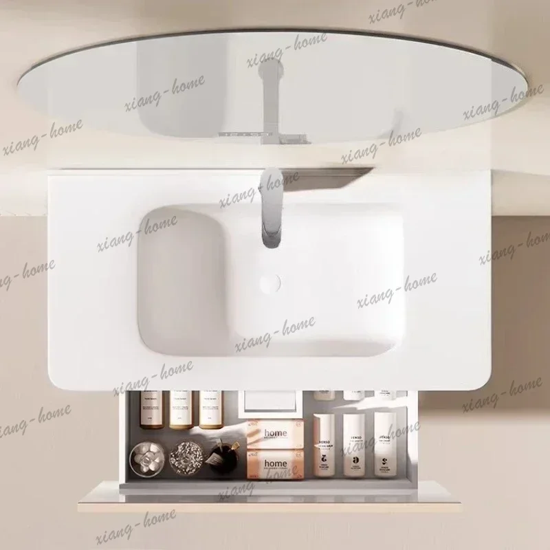 LJY Bathroom Cabinet Hand Washbasin Cabinets Vanity Light Organizer Bathroom Furniture Cream Ceramic Integrated Basin Combinatio