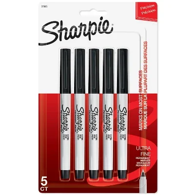 5pk Permanent Markers Ultra Fine Tip Black: Thin Sharpie Pen for Art & Office Use, Stationery Supplies