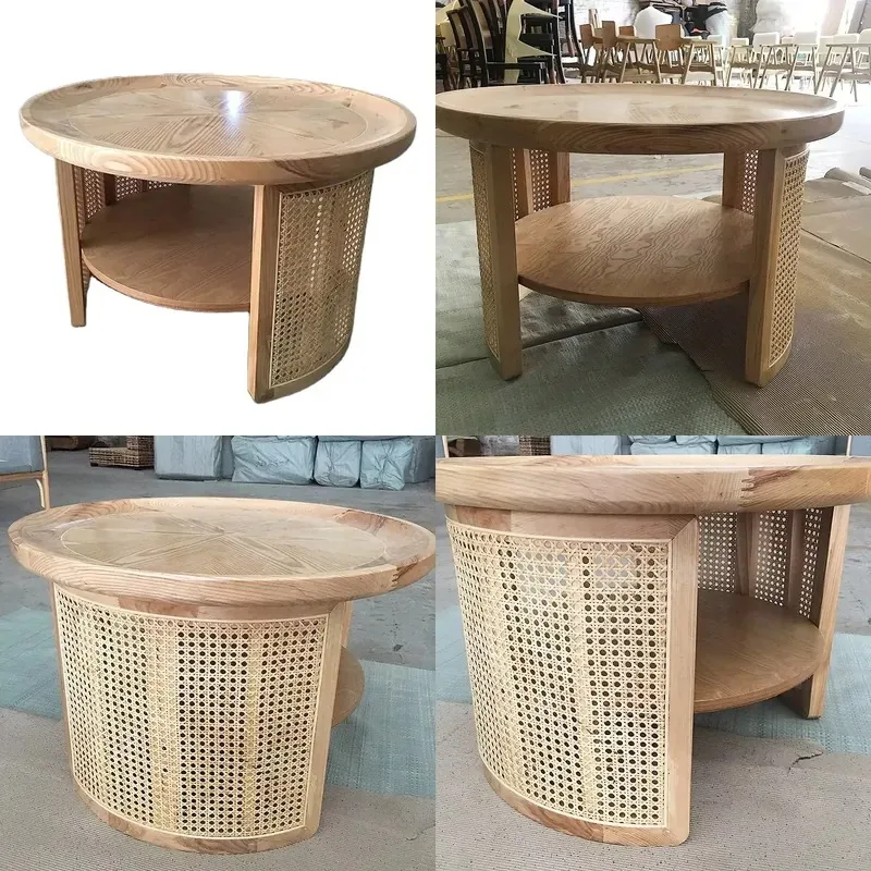 Modern Round Natural Rattan Wood Coffee Table for Dining Room Apartment Living Room Furniture