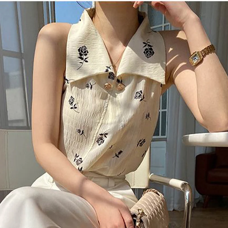 Camicia da donna senza maniche retrò estate stile occidentale grande risvolto stampato Top francese dimagrante con spalle scoperte gilet in Chiffon