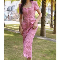 Vintage Pink Lace Dress Women with Belt Golden Button Elegant Party Vestido Summer Square Neck Luxury Design Beach Bodycon