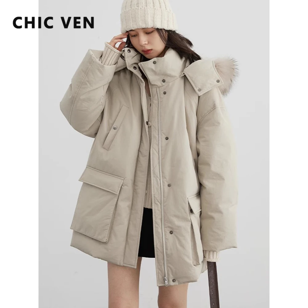 CHIC VEN Women Down Coats Solid Outdoor Loose Casual Down Jacket  Thickened Parka Jackets Female Overcoat Autumn Winter 2023