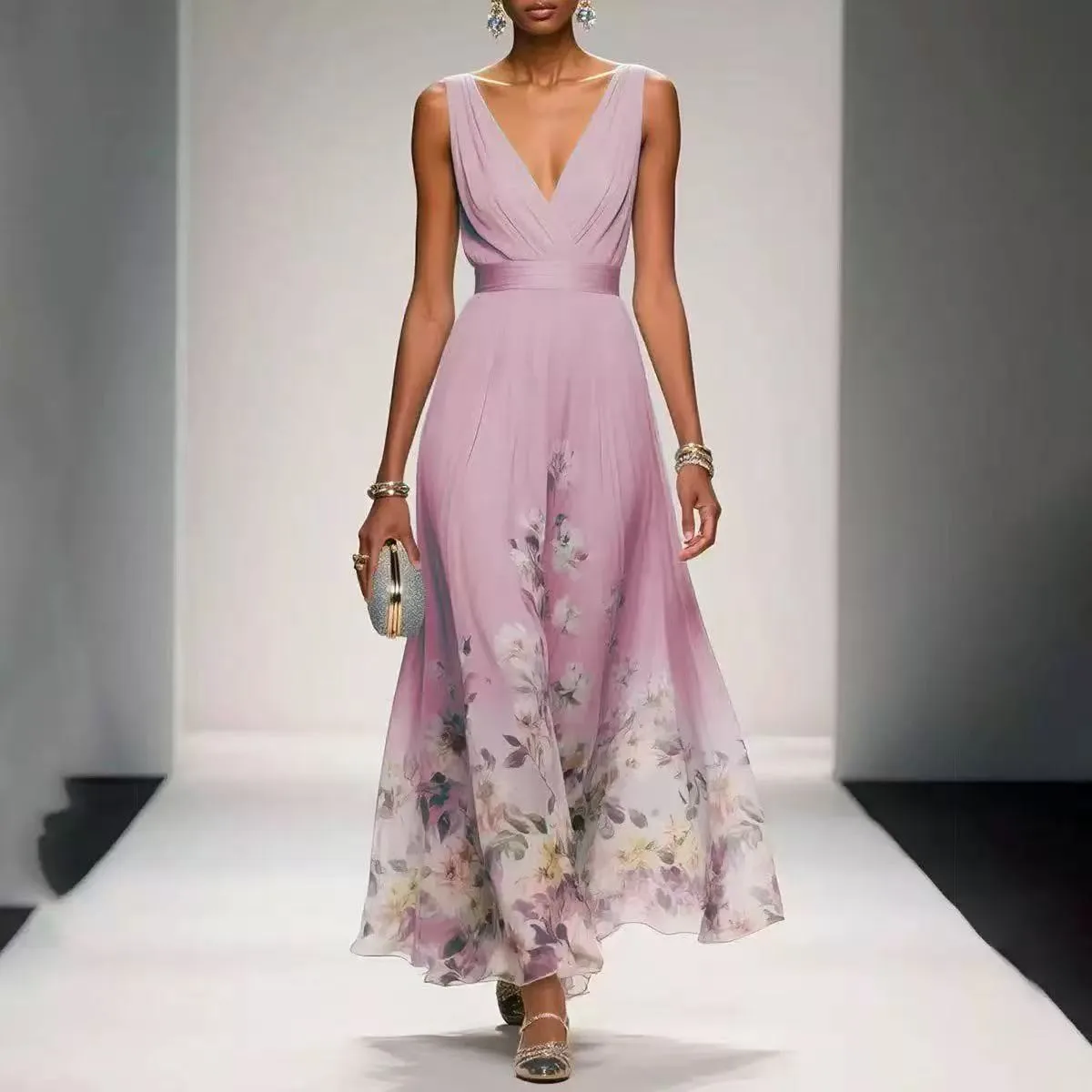 Elegant Party Dress V Neck Sleeveless Wedding Guest Dresses Long Evening Dress Wrap Front Maxi Dress A Line Lightweight Formal
