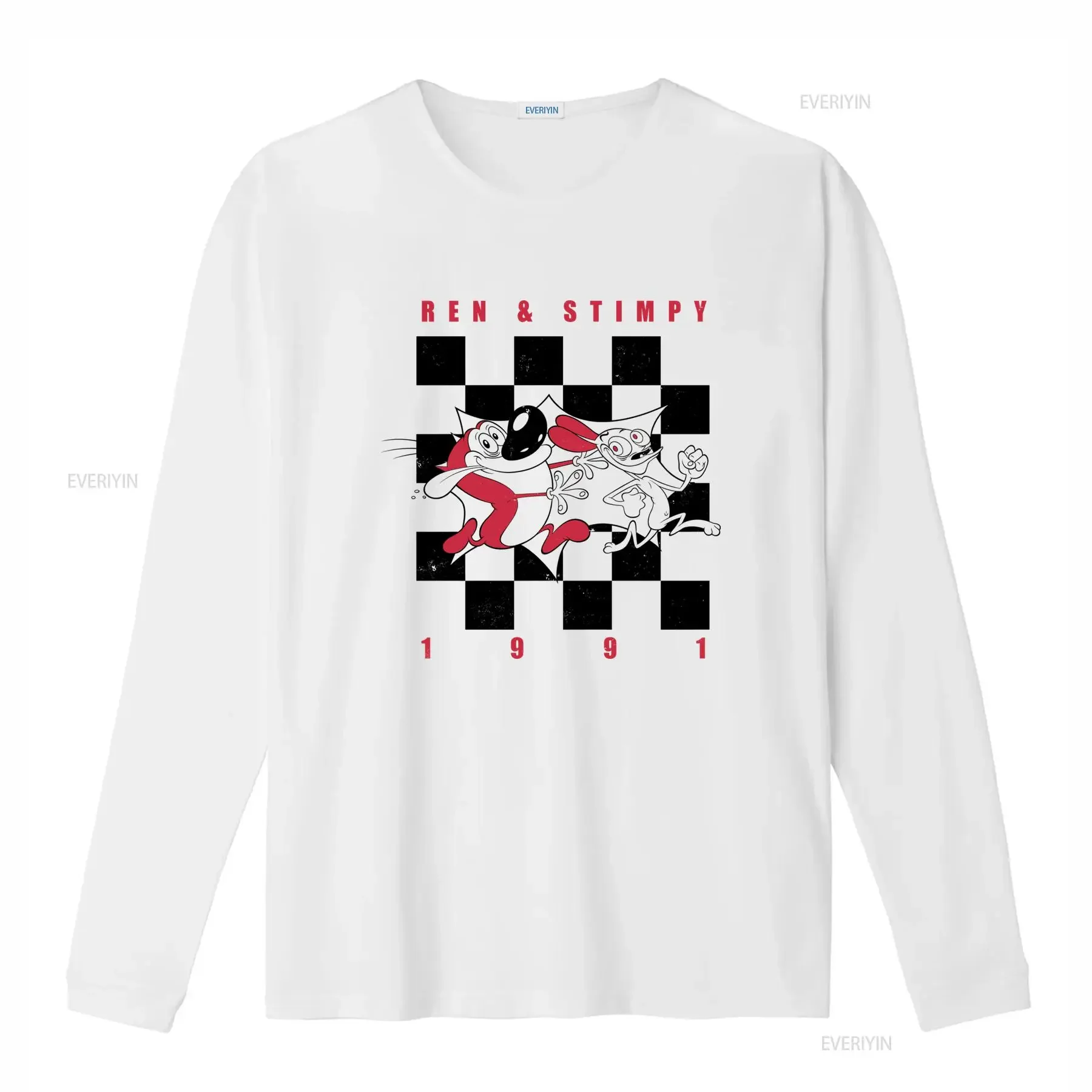 Ren e Stimpy 1991 T shirt con logo a scacchi retrò Girocollo casual tessuto leggermente elasticizzato vestibilità vintage
