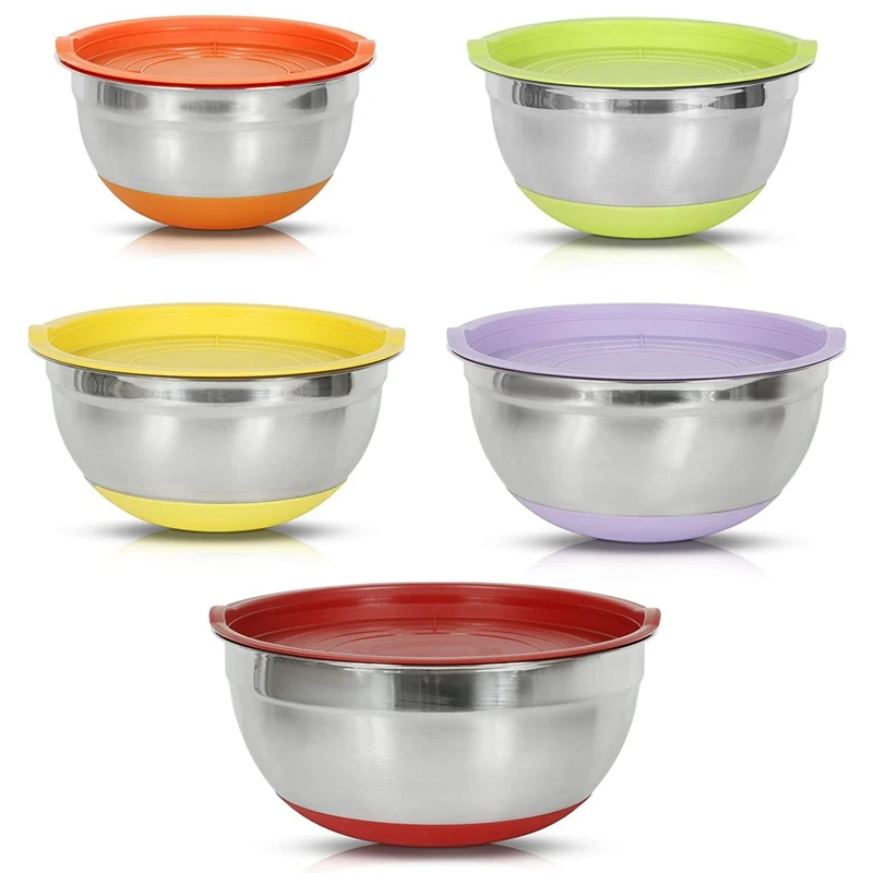 5Pcs Mixing Bowl With Lids Set, Stainless Steel Salad Mixing Bowl, Salad Bowl With Silicone Bottom For Kitchen Cooking