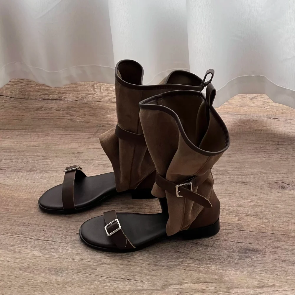 Women's Brown Suede Buckle Strap Slouchy Flat Sandal Boots Vintage Mid-Calf Buckle Strap Detail Open-Toe Ladies Edgy Street Shoe