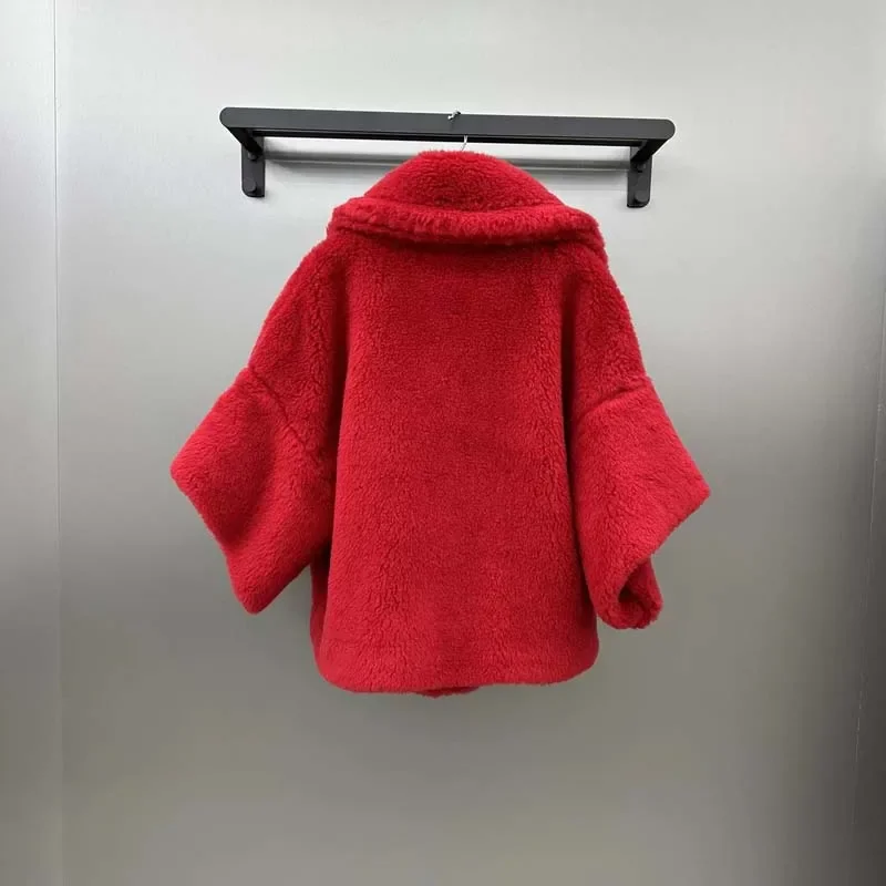 Teddy Bear Solid Color Cape Style Women Coat Winter Short Length Thick Warm Turn-Down Collar Sheep Wool  Alpaca  Silk