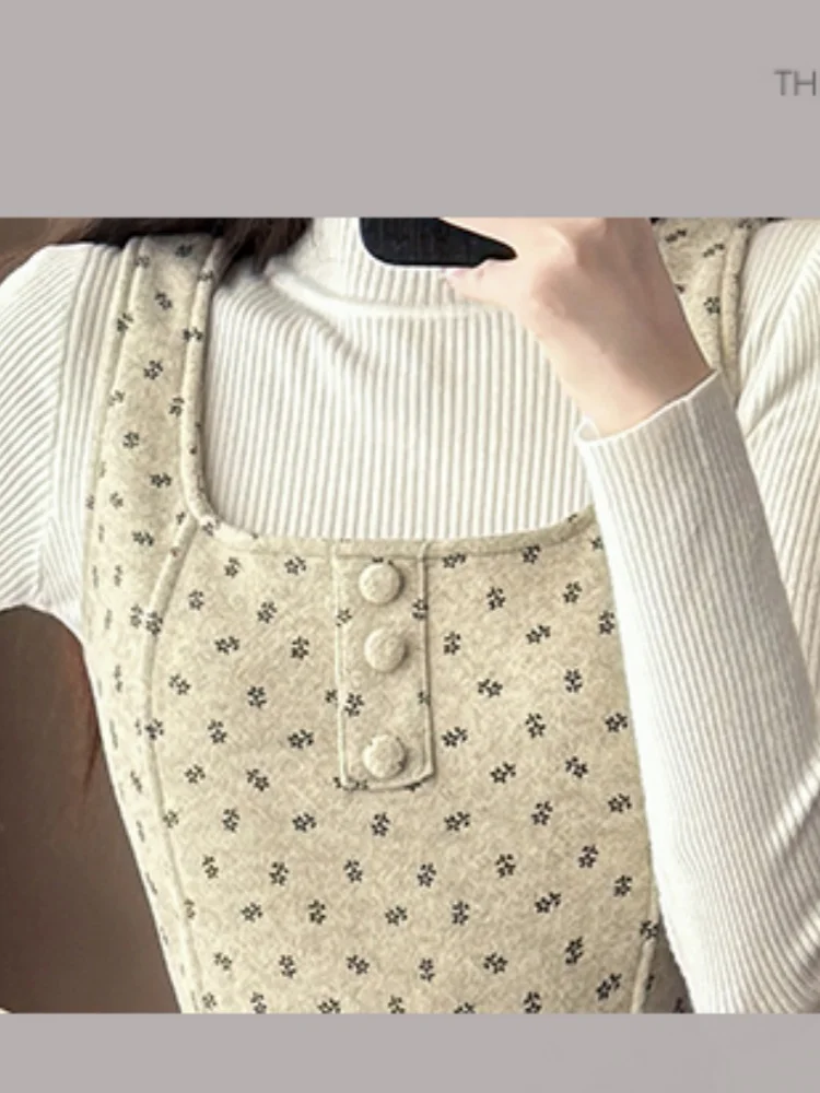 SMTHMA الفرنسية الرجعية الصوفية نقطة الحمالات فستان وتتسابق للنساء الخريف الشتاء طويلة الأكمام قاعدة محبوك سترة قطعتين مجموعة #5