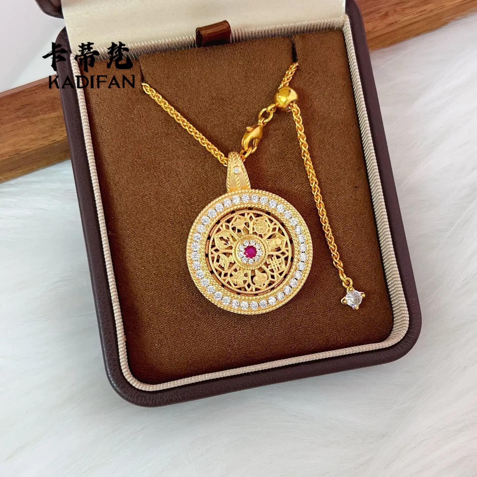 Gold shop 24K real gold rose window pendant rotatable eight treasure compass necklace women's jewelry gift