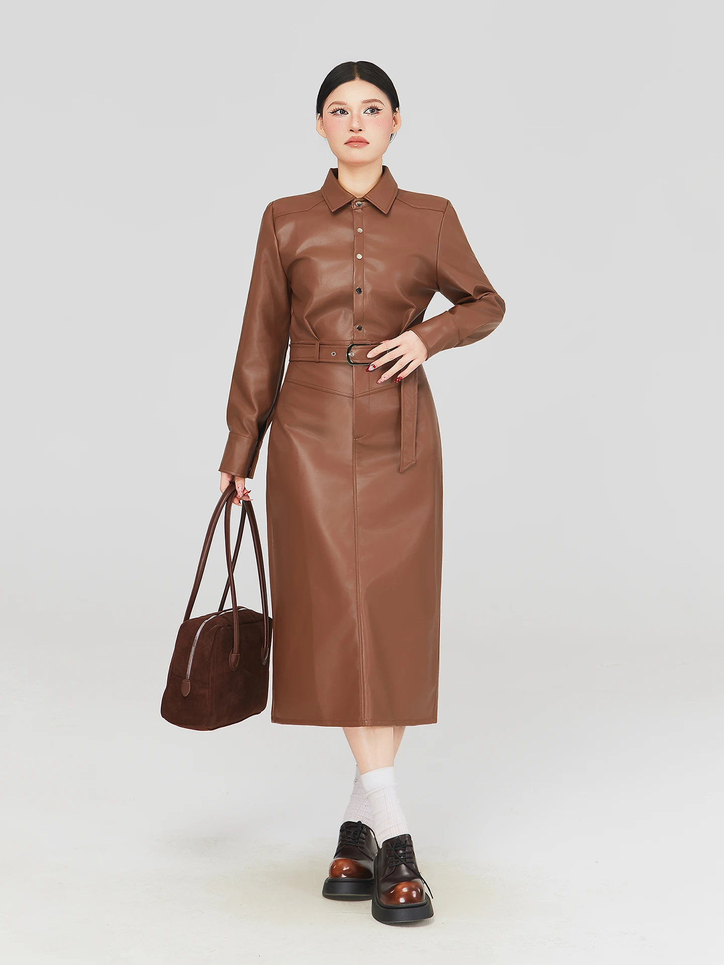 

Spring Season Women's Long Sleeve PU Leather Dress Slimming High Waist A-Line Skirt Button Detail Commute Friendly Fashionable