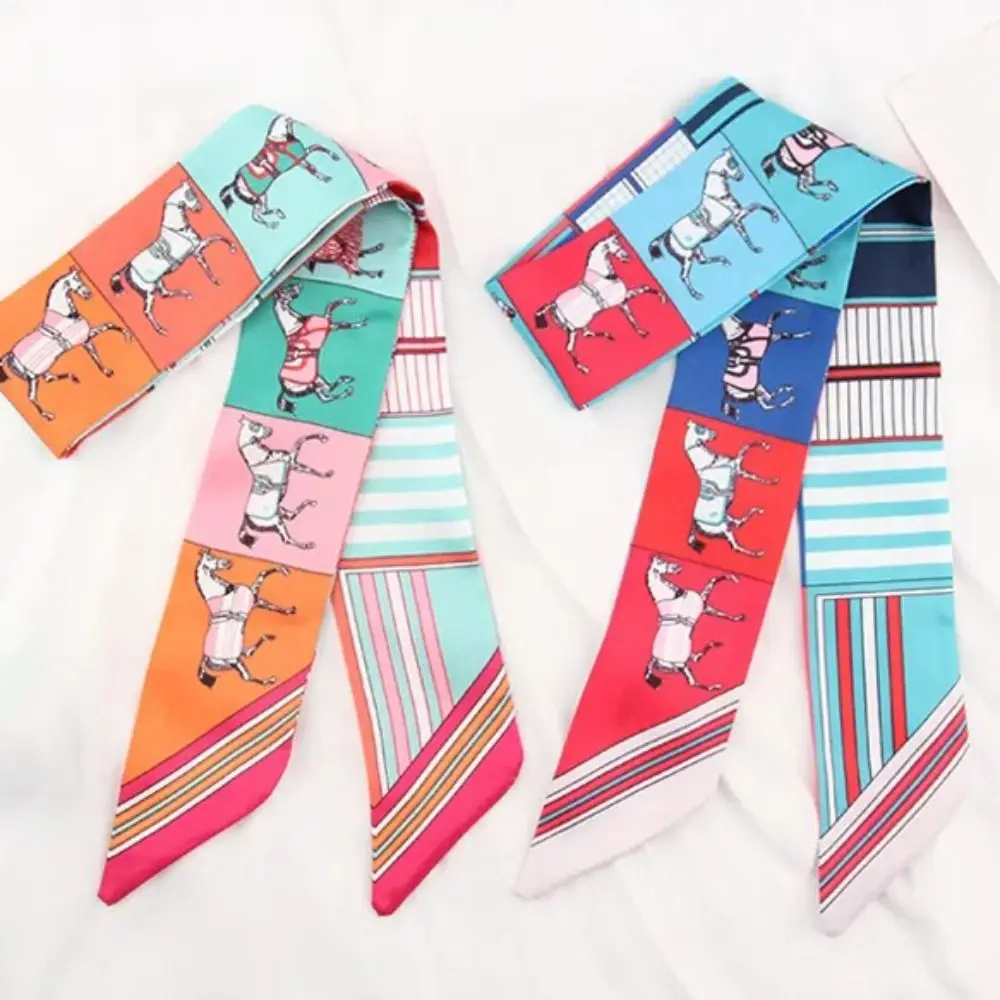 New Horse Printing Printed Silk Scarf Long Retro Neck Strap Versatile Polyester Hair Band