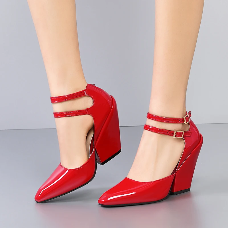 

Pumps Fashion Pointed Toe Wedges Heels 2024 Trends Women Mary Jane Shoes Red Double Buckle Strap Sandals Wedding Party Mules 42