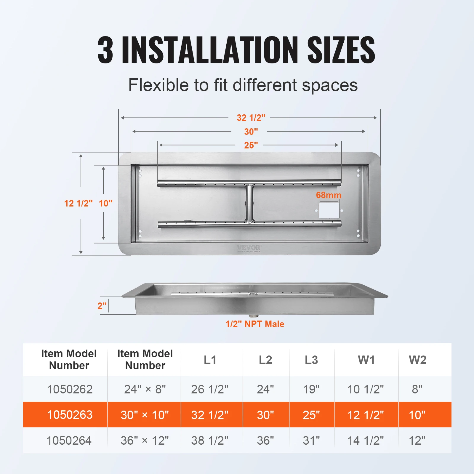 VEVOR 30 × 10 في مقلاة حفرة النار المستطيلة المصنوعة من الفولاذ المقاوم للصدأ طقم الموقد غاز البروبان الطبيعي والبروبان 125000 وحدة حرارية بريطانية