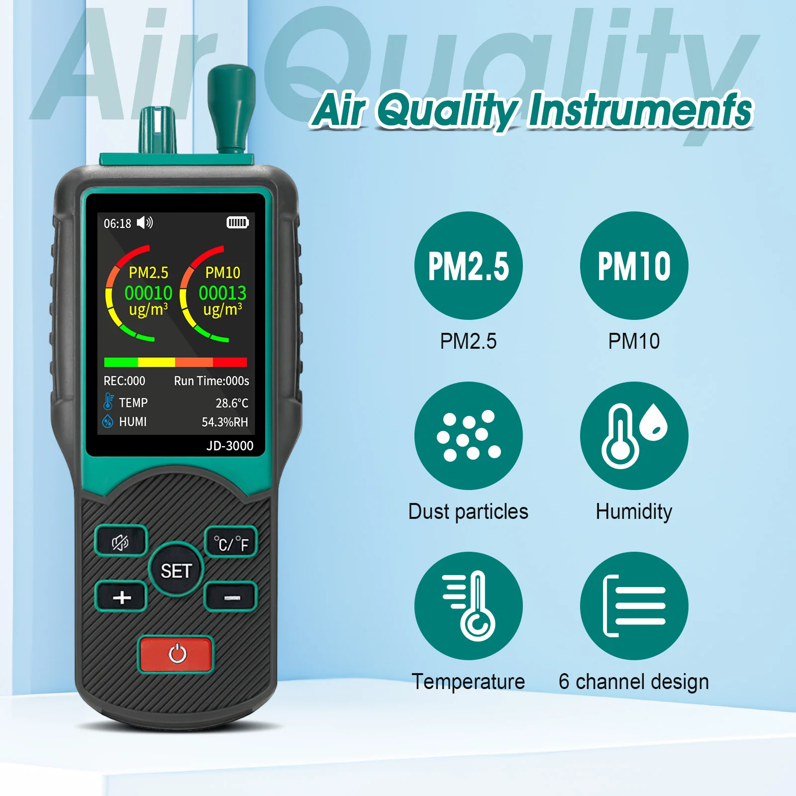 

Handheld Dust Particle Detector,High Sensitivity 6-Channel PM0.3/0.5/1.0/3.0/5.0/10 µm Particulate Monitor PM2.5, PM10 Transfer