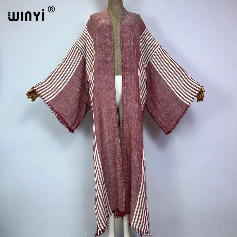 Nowa wygodna damska kurtka jesienny w paski z nadrukiem płaszcz plażowy luźna sukienka Boho luźna wakacyjna futerał do pływania up Kimono