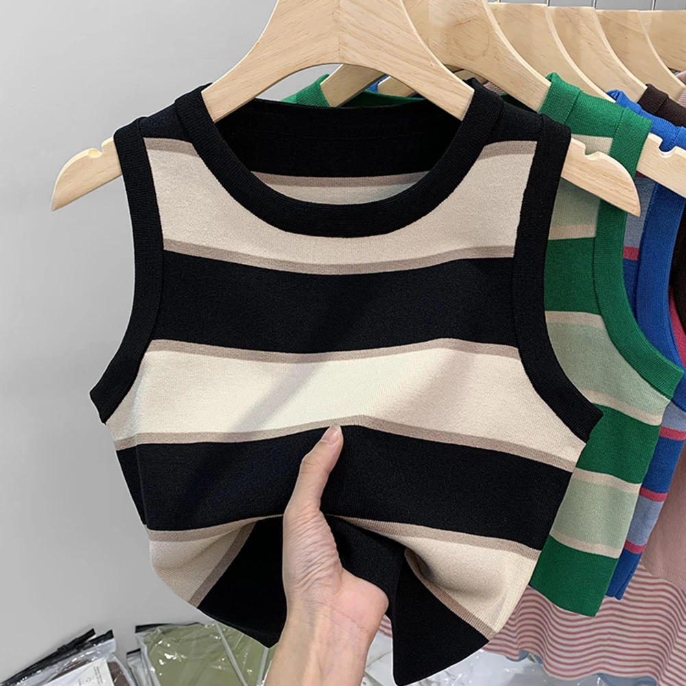 

Casual Wear Summer Outfit Korean Crop Top Sleeveless Vest Trendy Striped Tank For Women 70 Polyester 30 Spandex