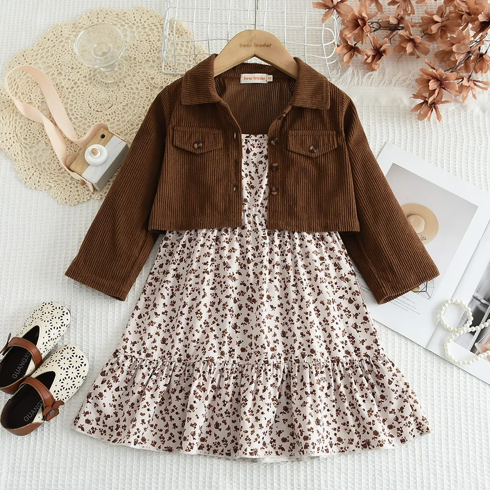Autumn Fashion New Girls Clothes Coffee Colored Clothing Long Sleeved Lapel Jacket+Flower Printed Camisole Dress 2-piece Set