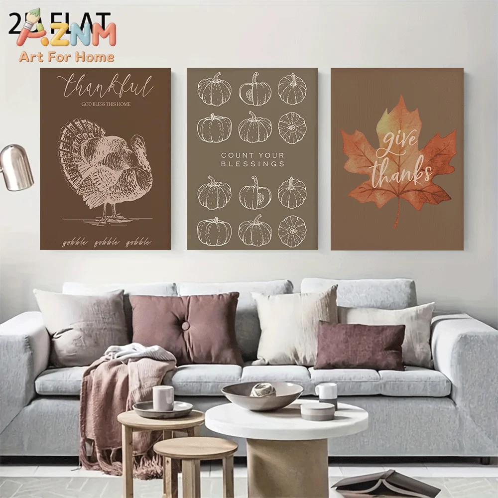 AZNM Thanksgiving Canvas Wall Art, Thankful Quote Turkey Sketch Pumpkin Line Art Give Thanks Maple Leaf Vintage Brown Autumn Fra