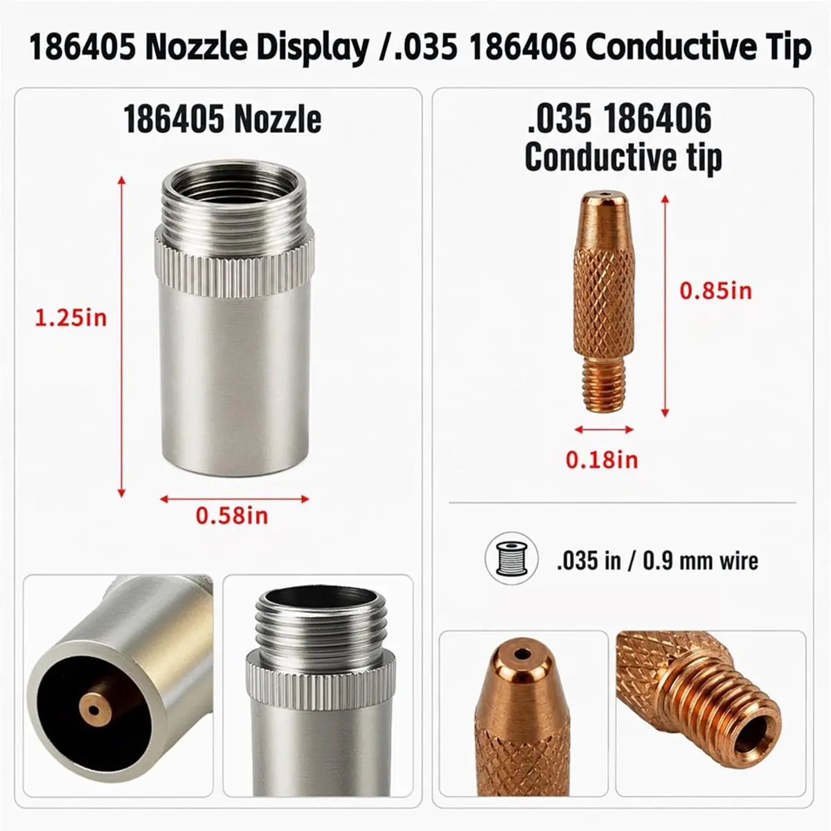 26-PK .035 Contact Tips Tube Assembly Mig Welding Nozzle Kit 186404 186405 186406 for Spoolmate 100 185 200 3035