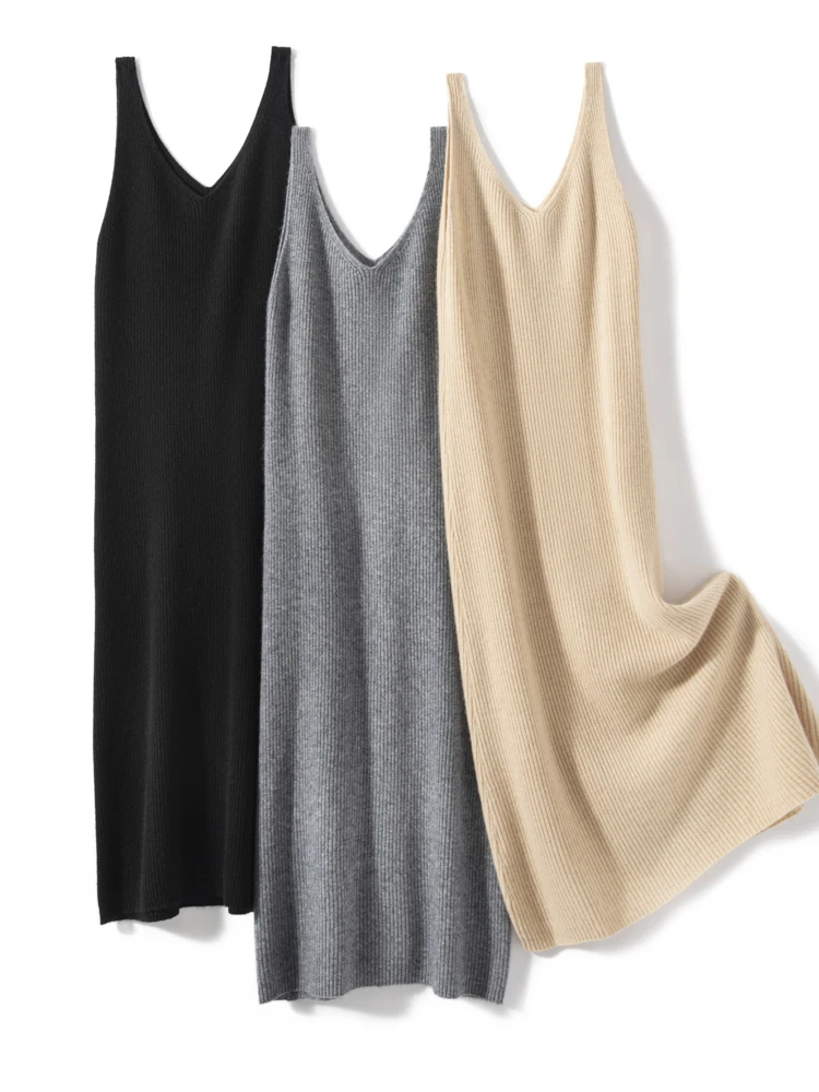 

Ladies' V-neck Spaghetti Strap Dress Pullover Dress Suitable Spring Autumn Winter Made of 100% Cashmere Soft Warm Women's Knitt