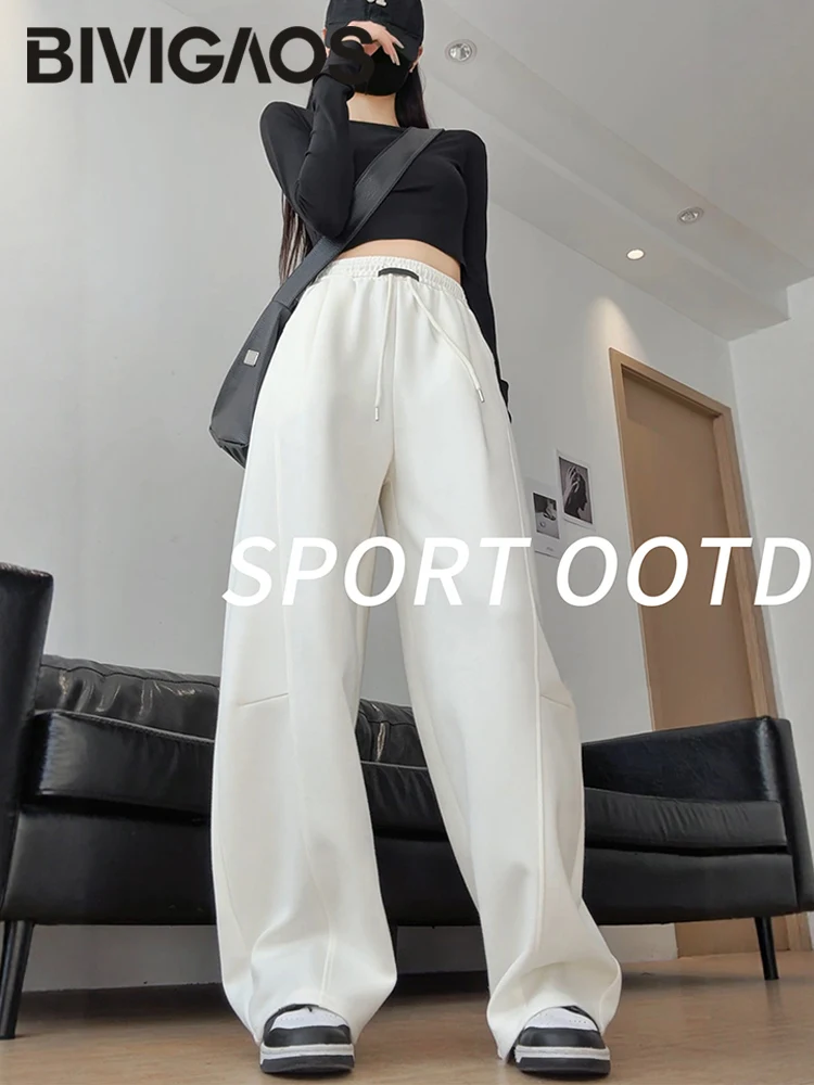 BIVIGAOS خريف جديد أسود التسمية منحني الرباط السراويل الرياضية النساء عالية الخصر فضفاض الموز Sweatpants عادية واسعة الساق بنطلون #2