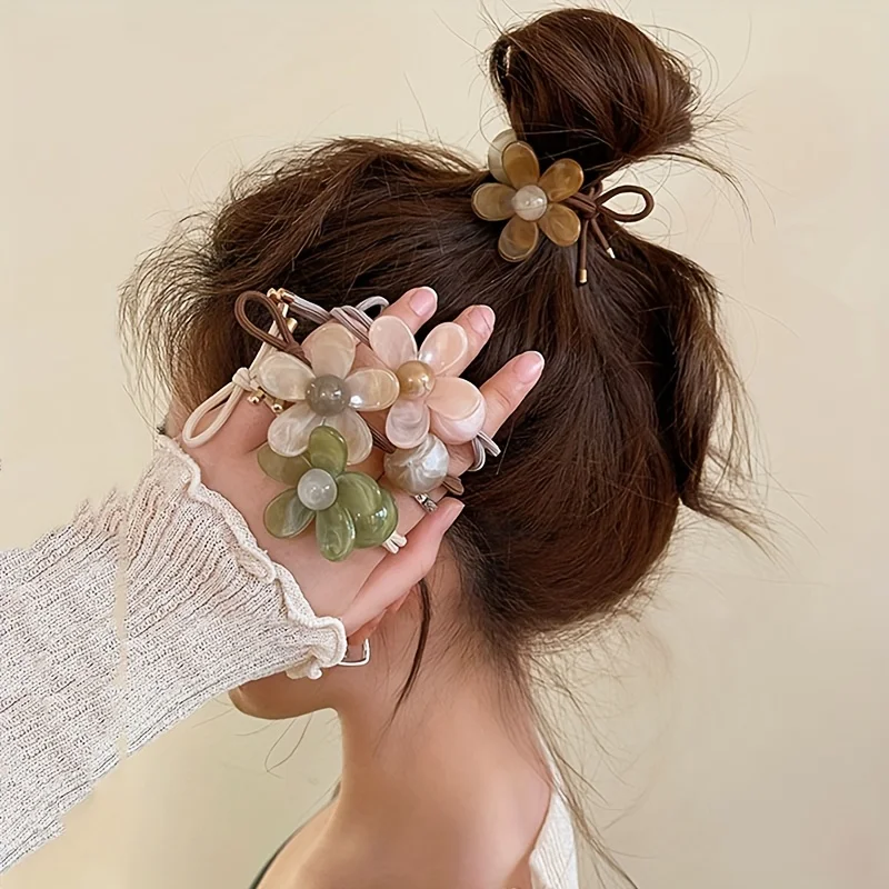 Conjunto de 3 Laços de Cabelo Femininos Doces com Flores, Elásticos para Cabelo, Acessórios de Moda