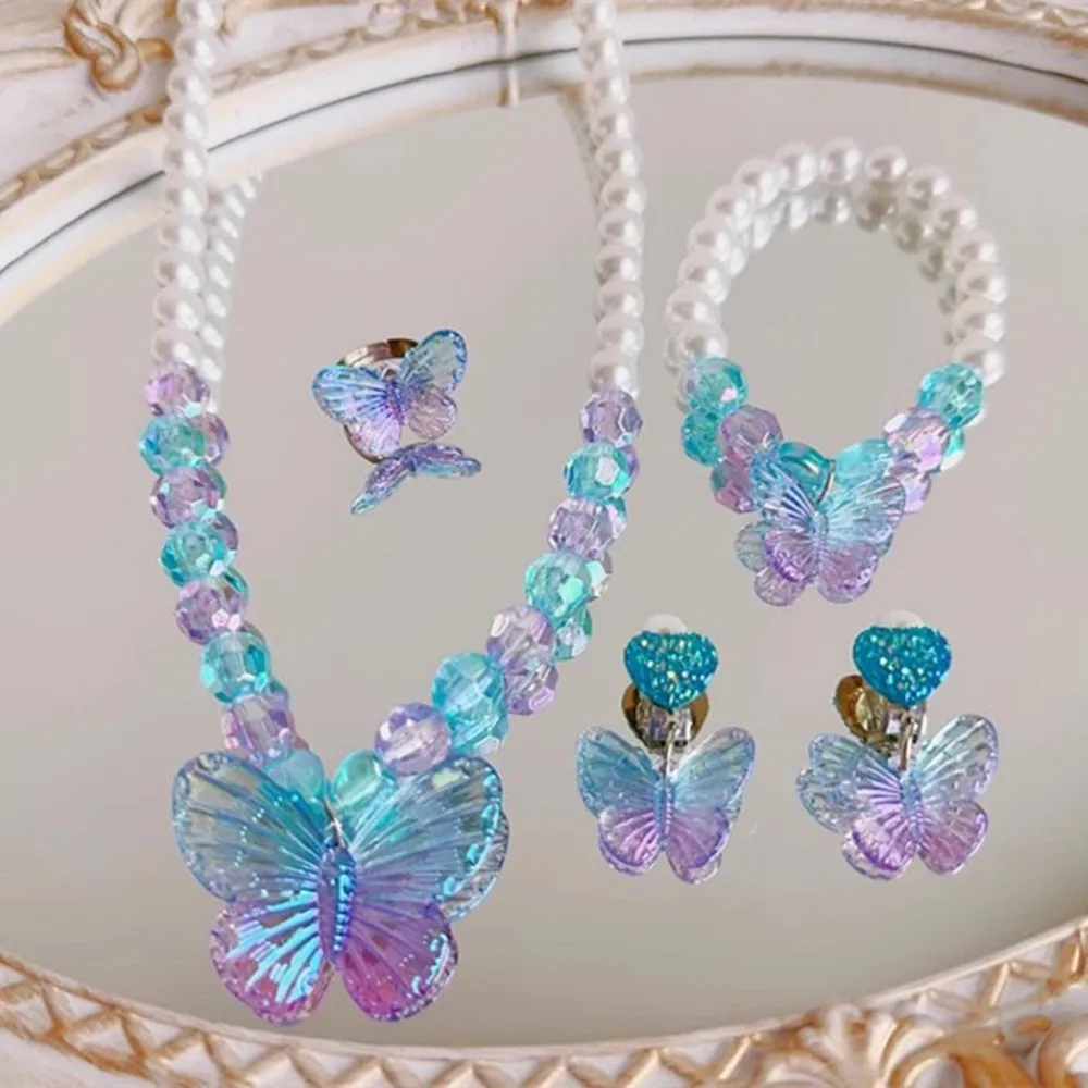 Anime Disney Princess Necklace Set Kawaii Blue Purple Gradient Butterfly Necklace Bracelet Ring Ear Clip Hairpin Bag Set