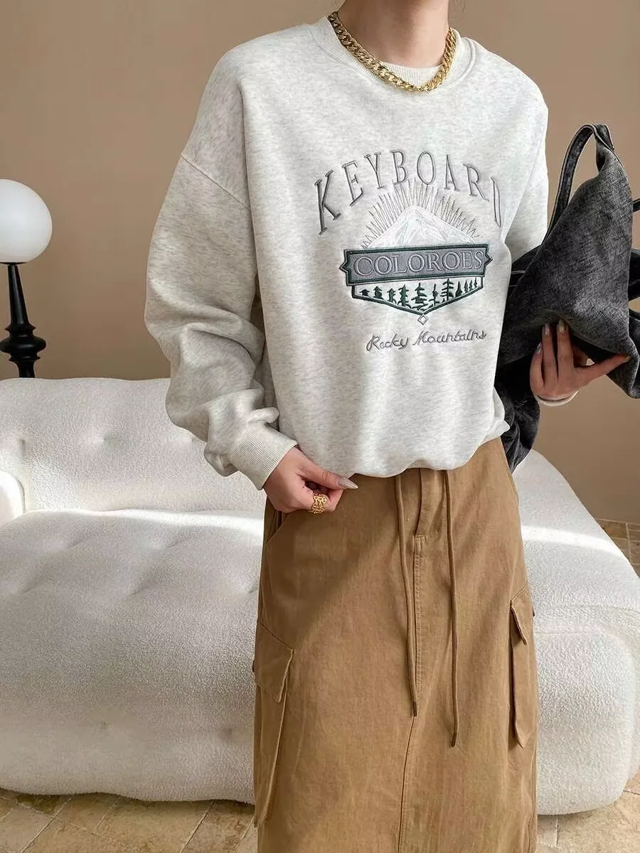 

Women Letter Embroidery Sweatshirts Spring Autumn Round Neck Long Sleeve Loose Korean Casual Pullovers