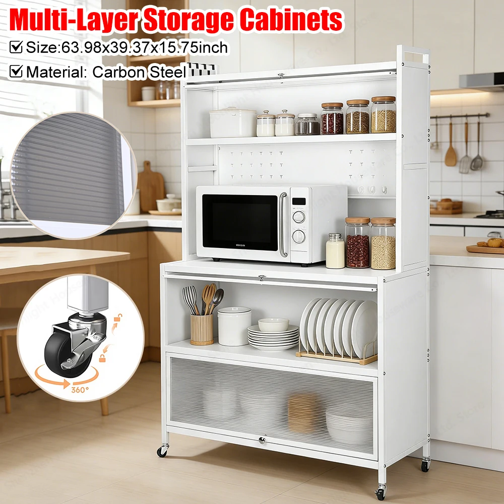 

Многоярусный напольный шкаф на колесиках с перфорированной панелью для хранения, тумба для столовой, износостойкая подставка для микроволновой печи и духовки