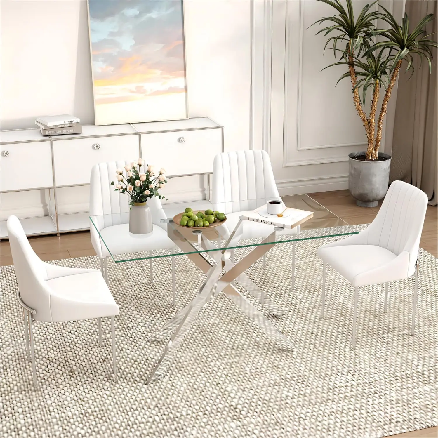 51.18' Rectangular Tempered Glass Dining Table with Metal Legs, Silver - Stylish & Sturdy for Home & Outdoor Use