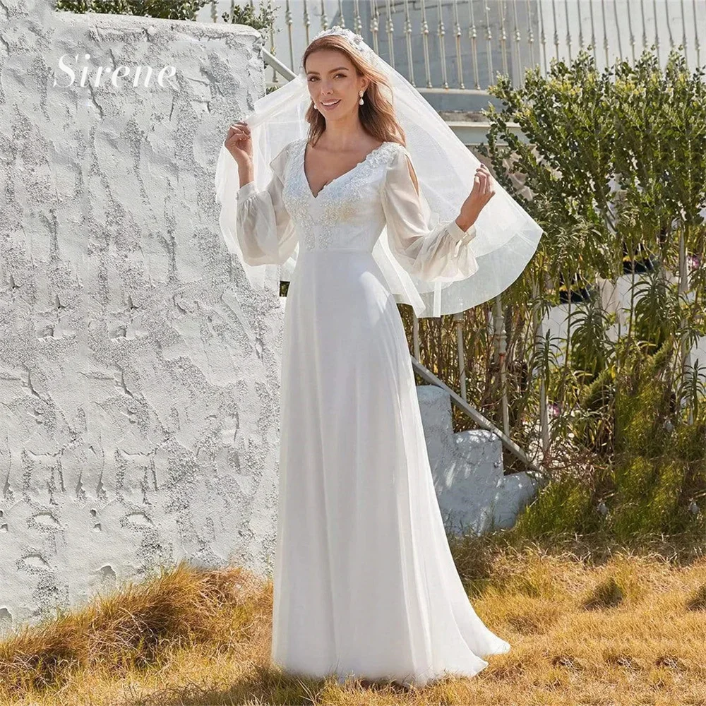 Sirene-Robe de mariée en mousseline de soie avec appliques en dentelle simple, col en V élégant, manches longues A-Line, longueur au sol, vêtements éducatifs pour les patients