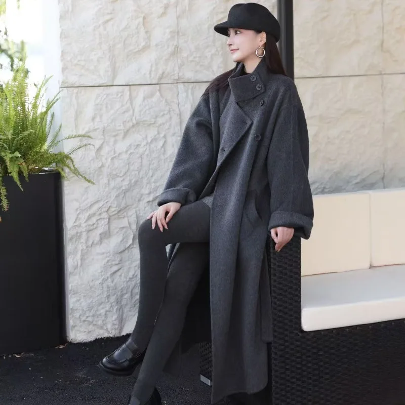 

Fashion Double-Sided Stand Collar Cashmere Women Coat Autumn Winter 2025 New Leisue Elegant Style Solid Woolen Women Long Coat