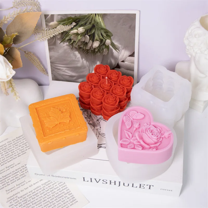 

Square Silicone Mold with Rose & Maple Leaf for DIY Valentine Soaps, Candles