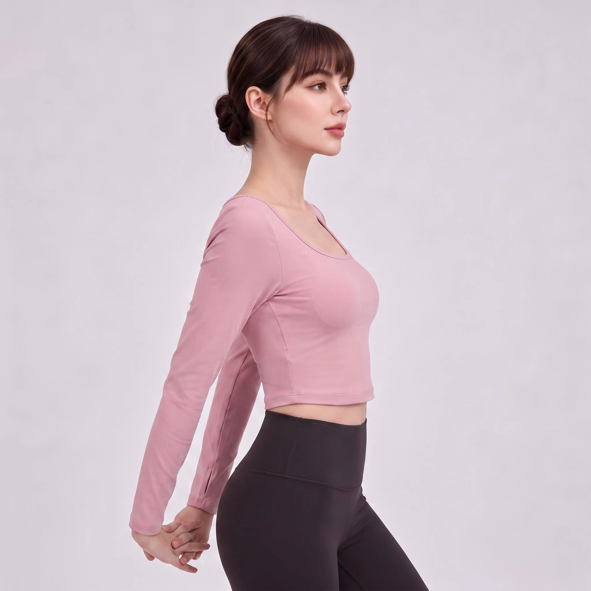 Sexy Yoga-Shirt für Damen, rückenfrei, langärmelig, mit gepolsterten Cups, Sport-Top, Fitness-T-Shirt, Pilates-Oberteil, Yoga-Bekleidung – Detail 17