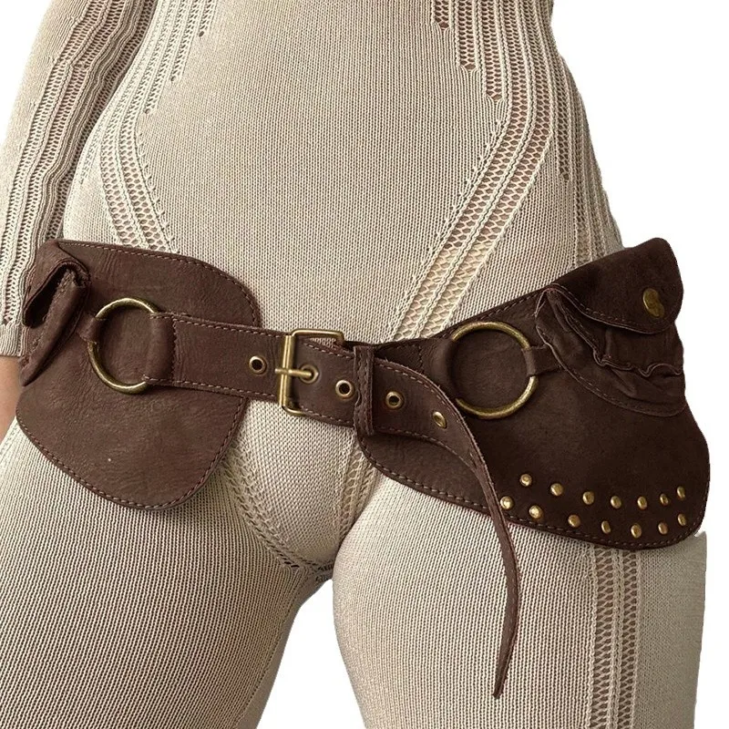 حزام خصر من الجلد الصناعي البني بتصميم عتيق للنساء، أحزمة ملابس كاجوال عصرية للحفلات مع ملحقات الجيب