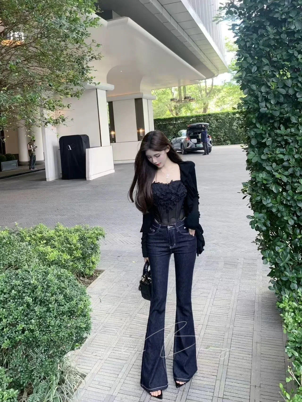 

Deep Blue Korean Style Slim Fit Low Waist Denim Pants Women's High Elasticity Cotton Stretch Jeans Flared Long Trousers