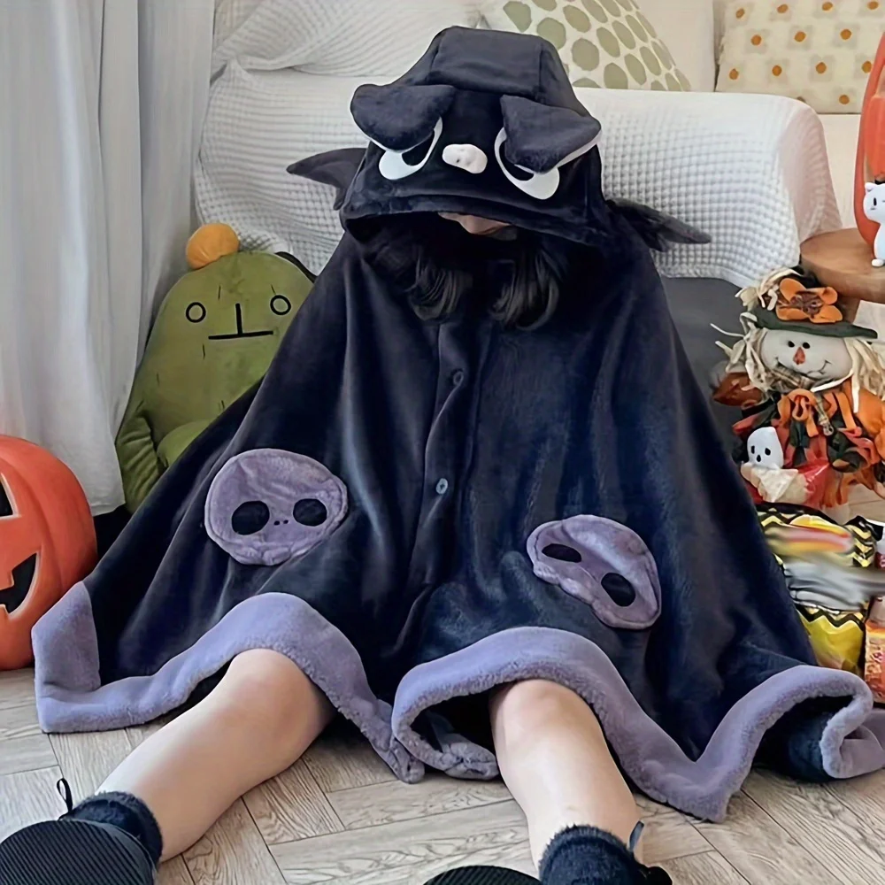 Cozy Bat-Themed Hooded Cape Blanket - Warm, Soft Flannel Wearable Throw For Autumn & Winter | Hine Washable