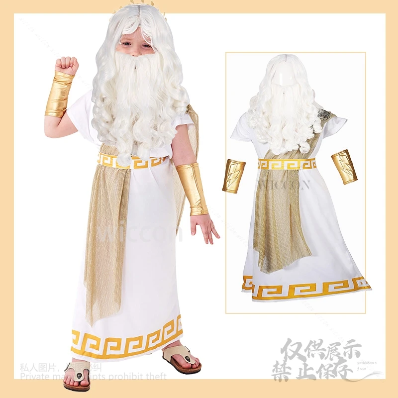 زي زيوس للأطفال - مجموعة توجا الإله الروماني اليوناني مع مسمار وتاج البرق التنكري، أسطوري لعيد الهالوين وعيد الأطفال