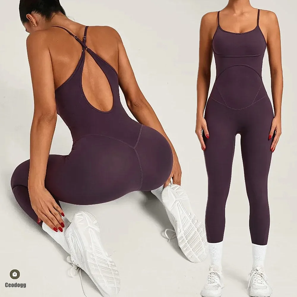 

Спортивный комбинезон для фитнеса с перекрестной открытой спиной, регулируемый ремень, подтяжка бедер, плотный тонкий комплект для фитнеса, йоги, спортивная одежда для бега в тренажерном зале XP96