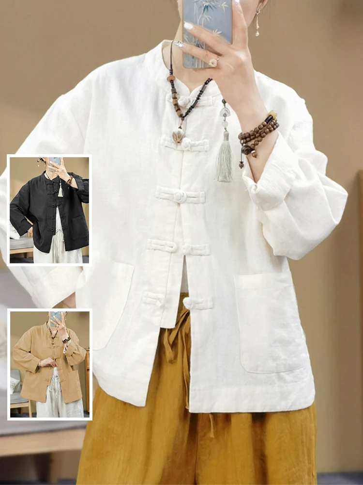 

Женский кардиган Bured из хлопка и льна цвета Jaet irt большого размера с двойным воротником-стойкой и пуговицами Zen Sle, открытый кардиган