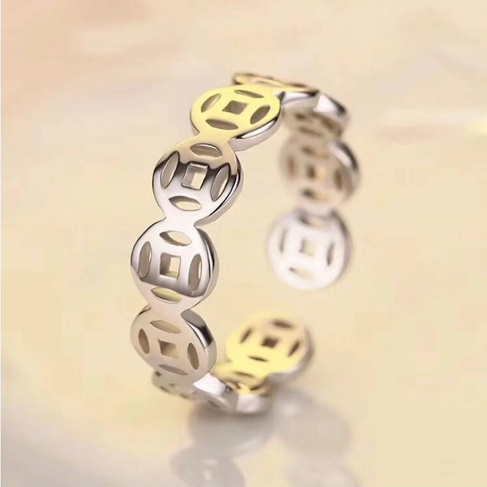 Genuine 990 Pure Silver Ring for Women Fashion Adjustable Open Coin Pattern Tail Ring Lucky Fortune Transfer Minimalist Jewelry