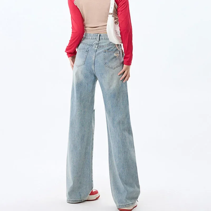 Calça jeans feminina com furo de cintura alta, botão, com zíper, calça reta, monocromática, feminina de perna larga, primavera, outono, senhoras, 2022