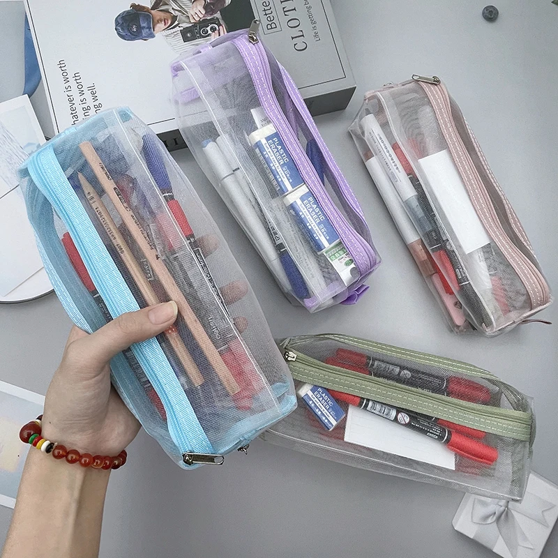 Große Kapazität Doppelschicht Transparent Mesh Stift Tasche Student Prüfung Einfache Schreibwaren Tasche
