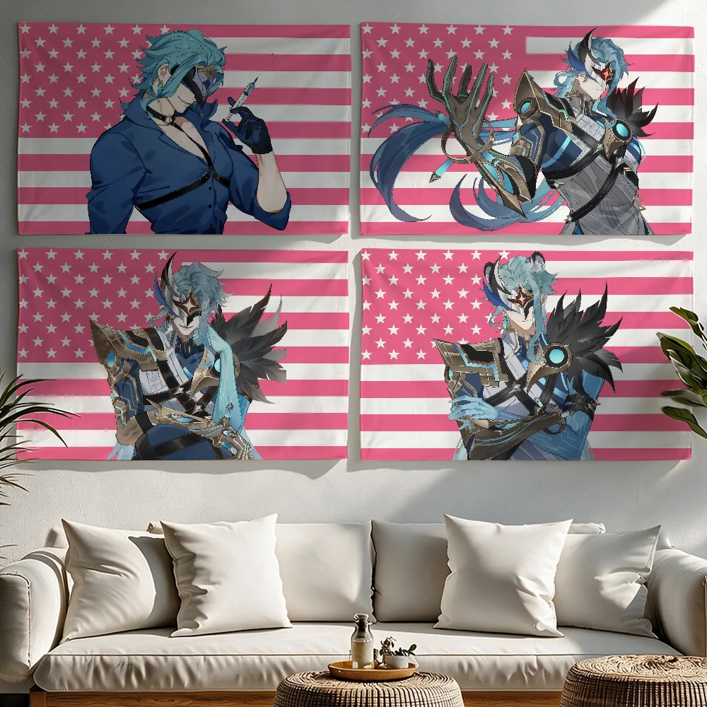 Dottore Genshin Impact America flag Tapestries Outdoor Parties Bedrooms Living Rooms Dorm Rooms Wall Decor Banners Gifts
