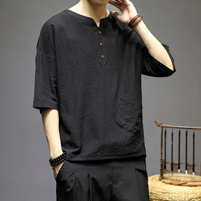 Summer Chinese Style Vintage Simple Versatile Cotton Hemp Short Sleeve T-shirt Men Solid V-neck Button Pocket Loose Striped Tops