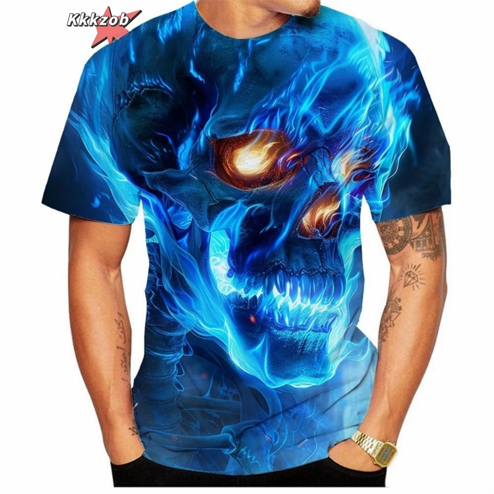 Men's T-Shirt Flame Skull 3D Pattern Printed T-Shirt Street Style Round Neck Fashion Men's Oversized T-Shirt Men Short Sleeve