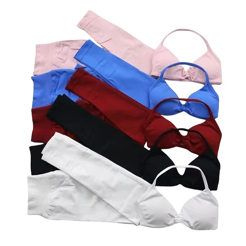 

2-х предметный комплект для йоги, бюстгальтер на бретелях и леггинсы, женский спортивный костюм для йоги, пилатеса, тренажерного зала, высокоэластичный бесшовный комплект